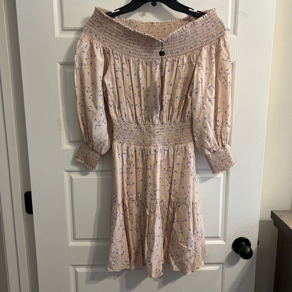 Gianni Bini Peach/Pink Long‎ Sleeve Off-the-Shoulder Smocked A-Line Dress XSmall